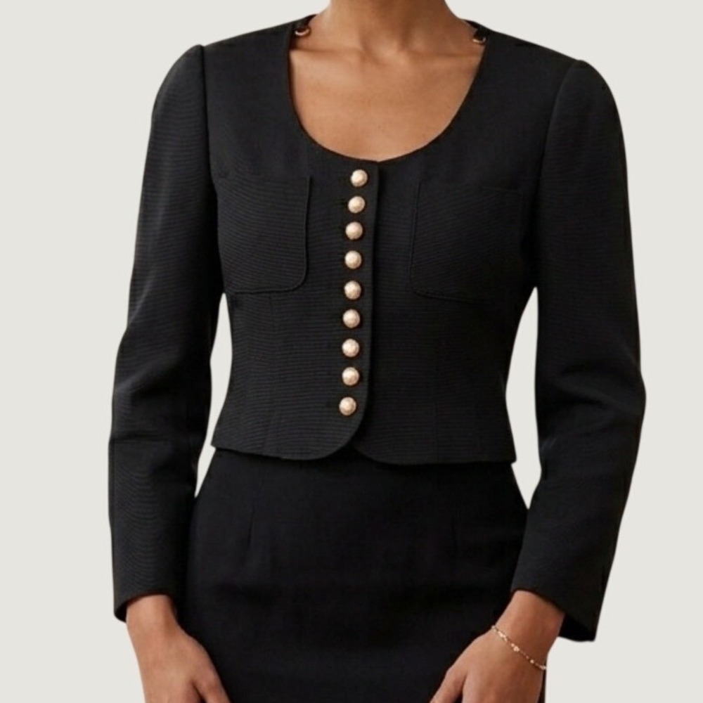 Cropped Black Blazer with Gold Button Front